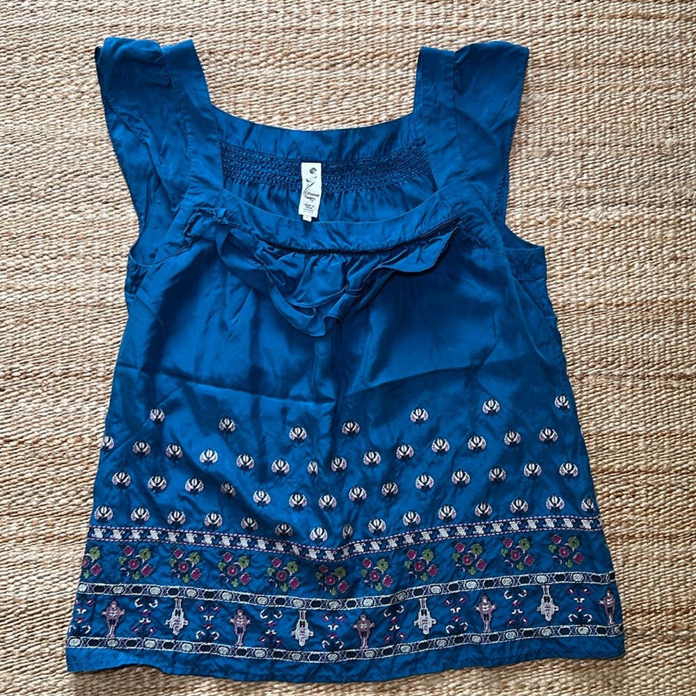 Anthropologie 100% Silk Top with Embroidery Size 6